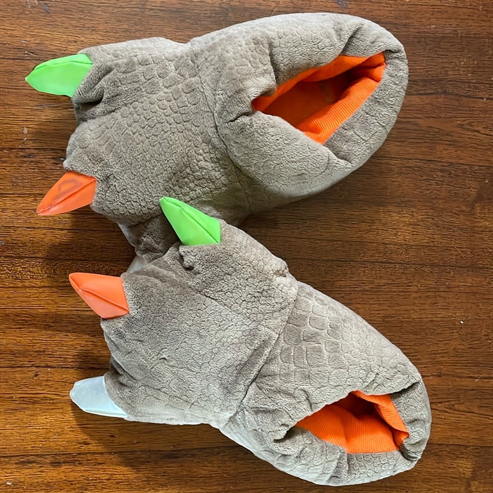 Plush Dinosaur Foot T-Rex Claw Slippers with LED Flashing Lights in Claws Tan
